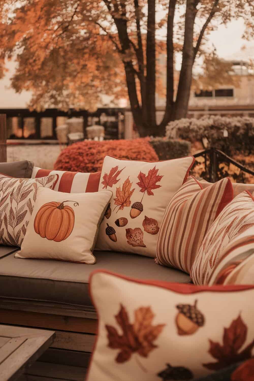 Outdoor pillows with fall prints on a couch