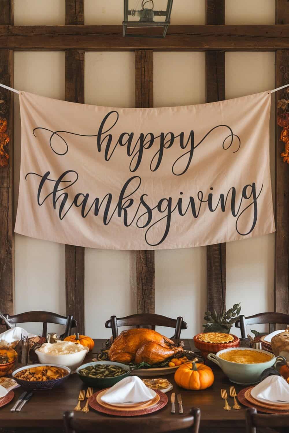 A large banner that says 'happy thanksgiving' hanging above a beautifully set table with Thanksgiving dishes.