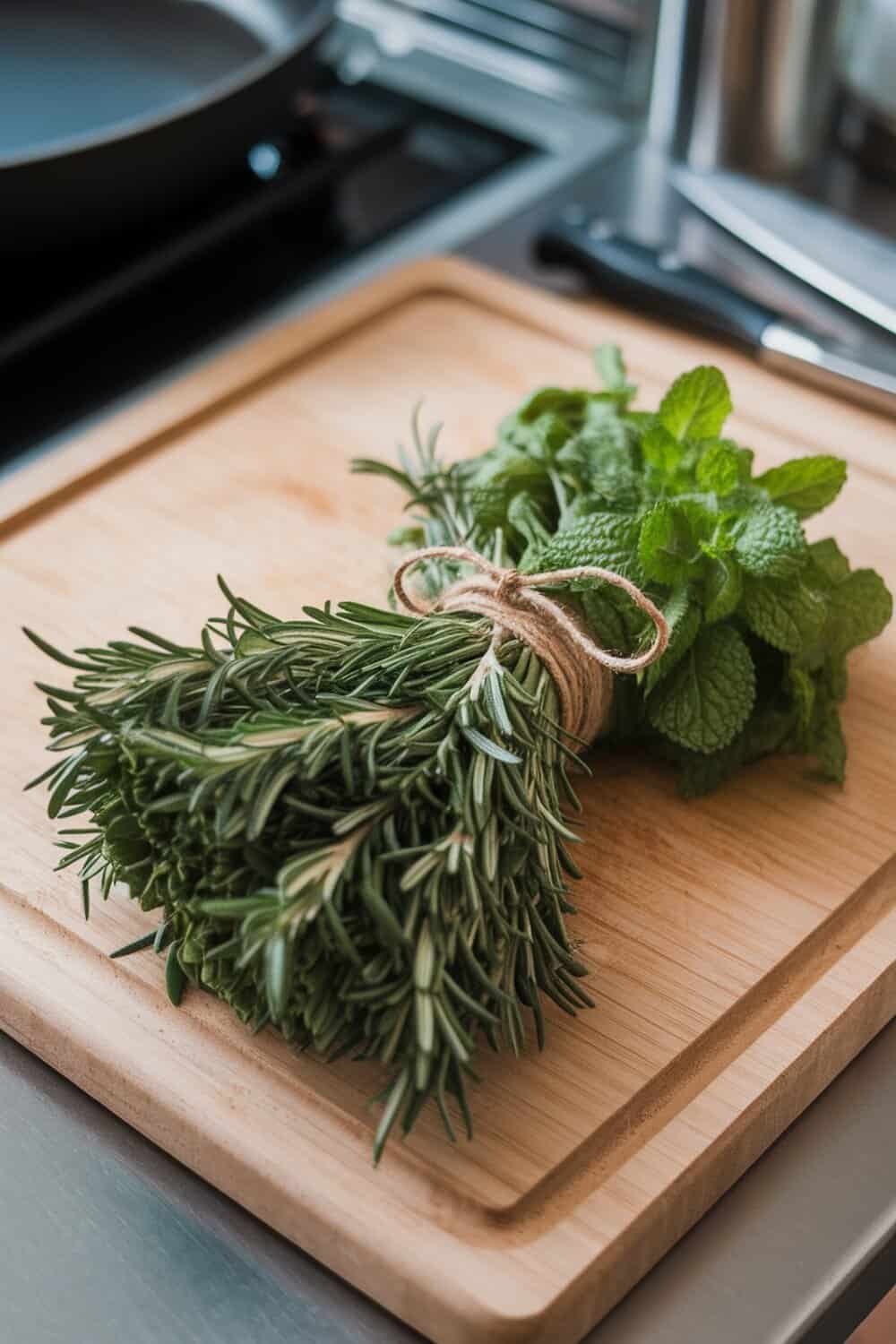 A bundle of fresh rosemary and mint herbs tied together on a wooden cutting board.