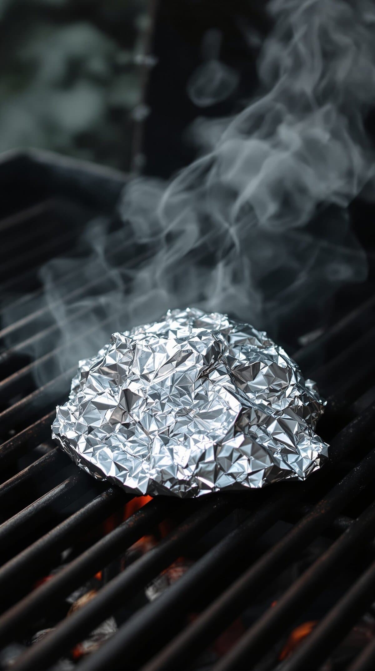 Crumpled aluminum foil on a grill with smoke rising.