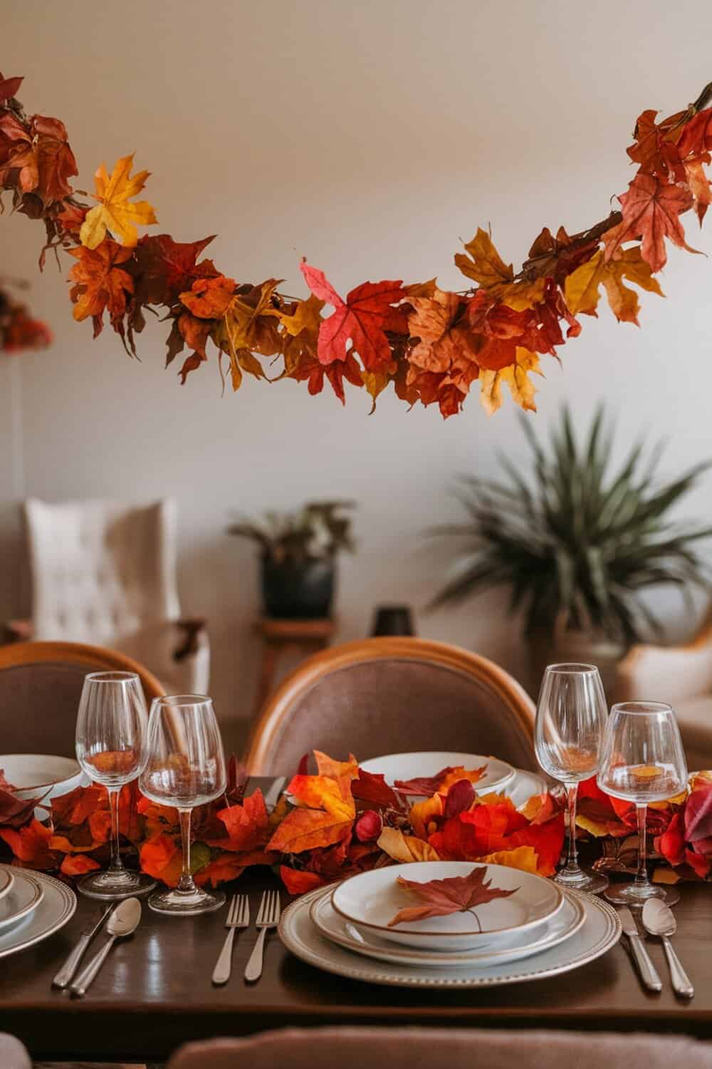 A beautifully arranged table with a leaf garland made of colorful autumn leaves.