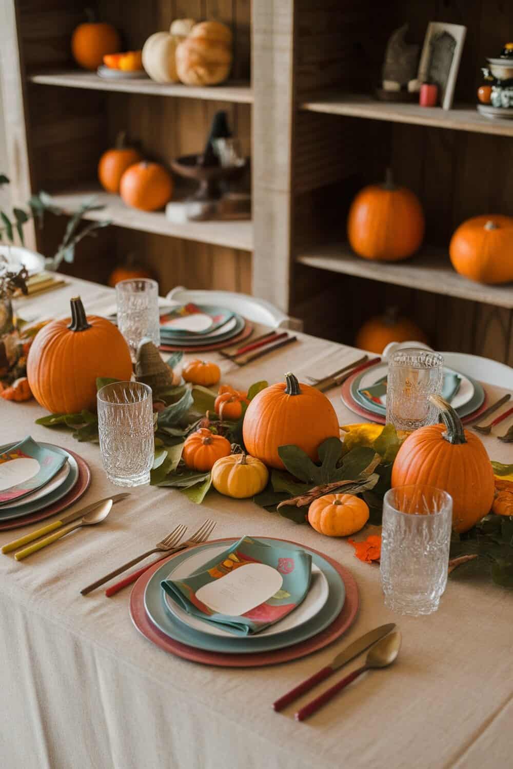 A beautifully set Thanksgiving table with pumpkins, plates, and a harvest-themed tablecloth.