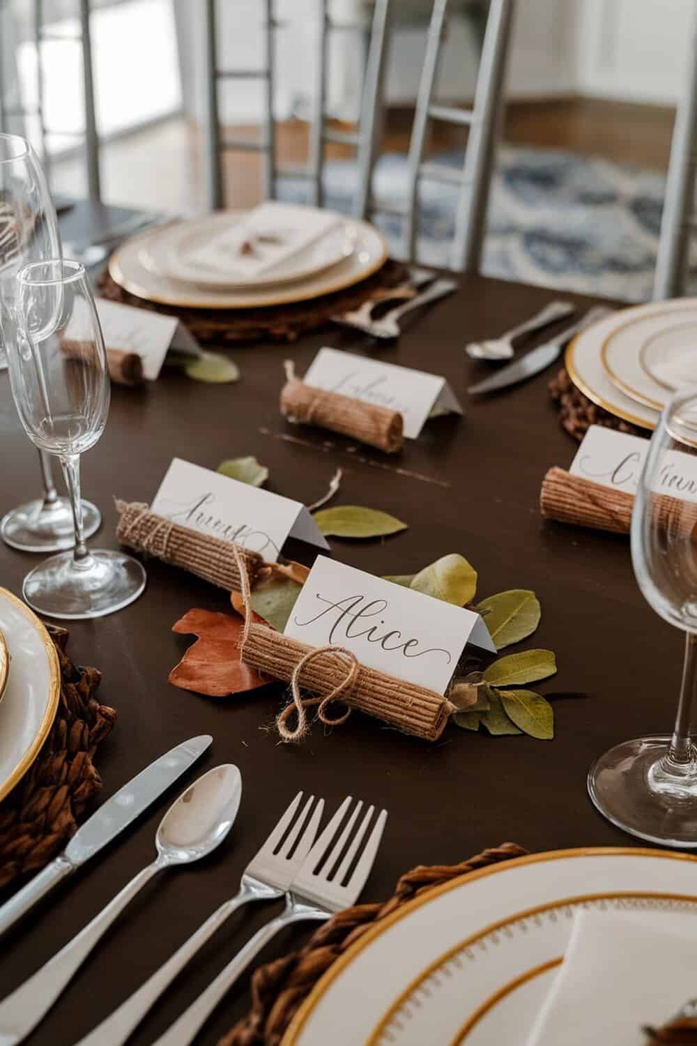 A beautifully set Thanksgiving table with handmade place cards.