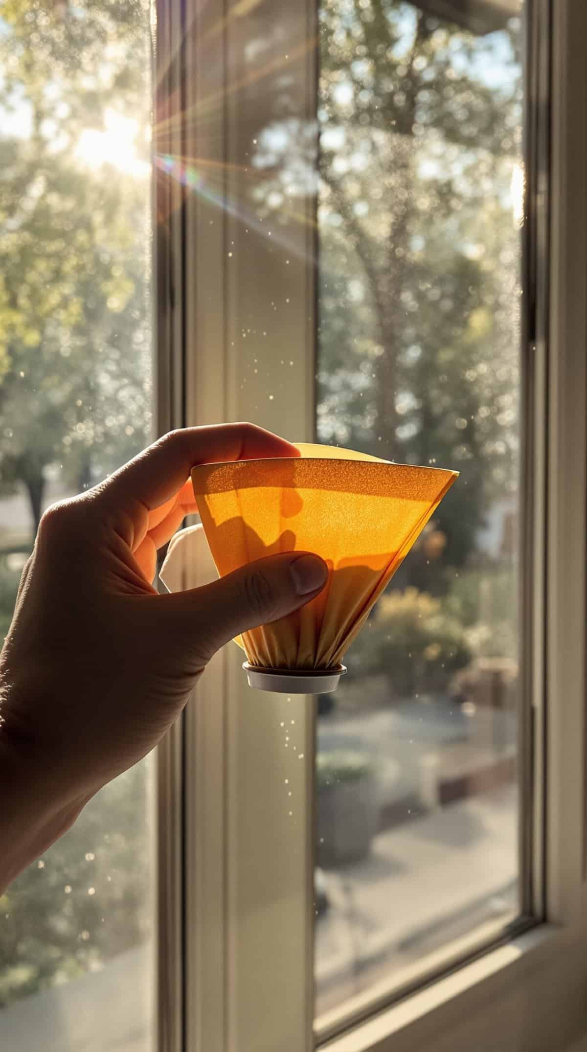 A hand holding a coffee filter in front of a sunlit window.