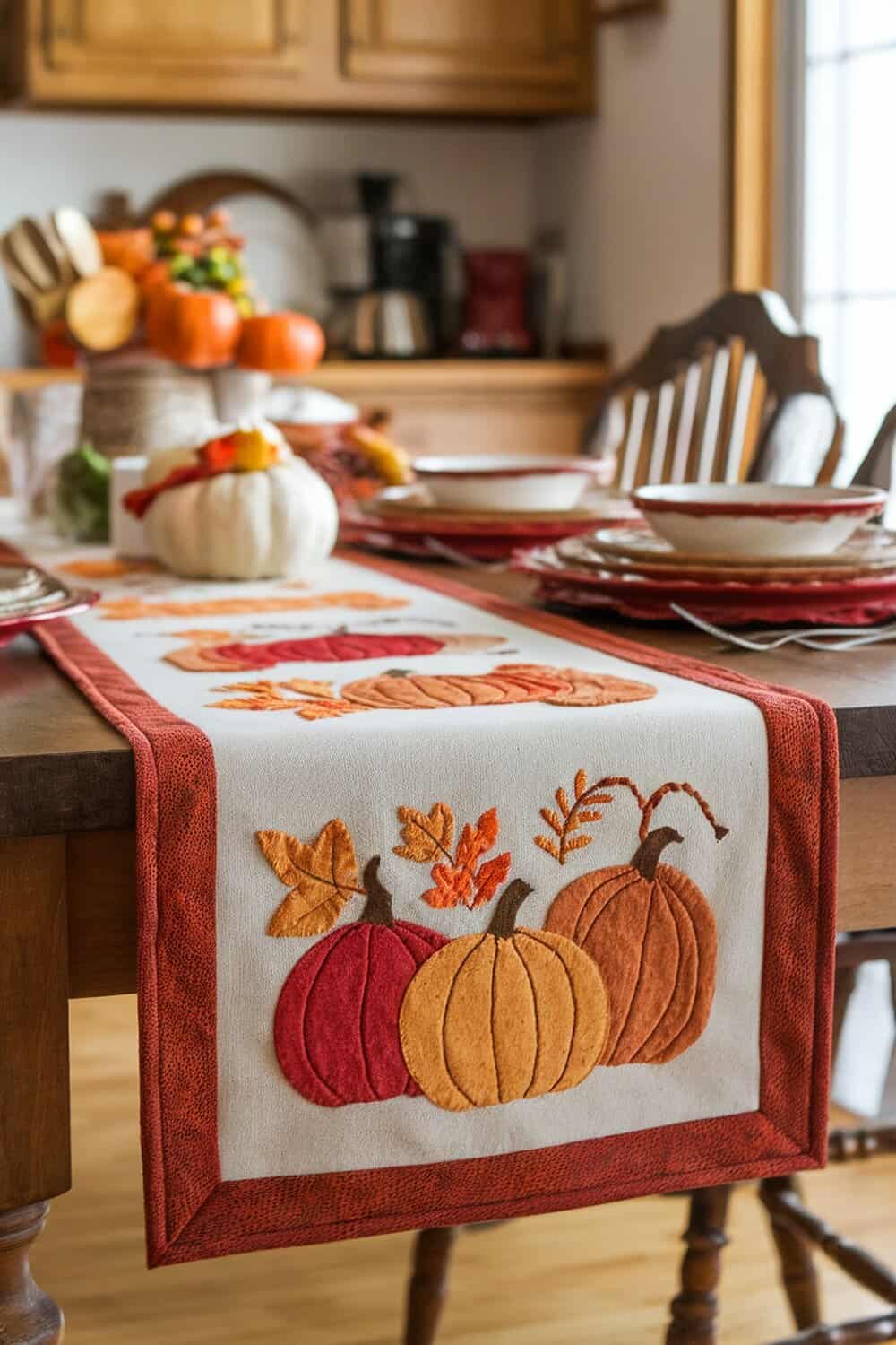 A harvest-themed table runner featuring pumpkins and autumn leaves on a wooden dining table.