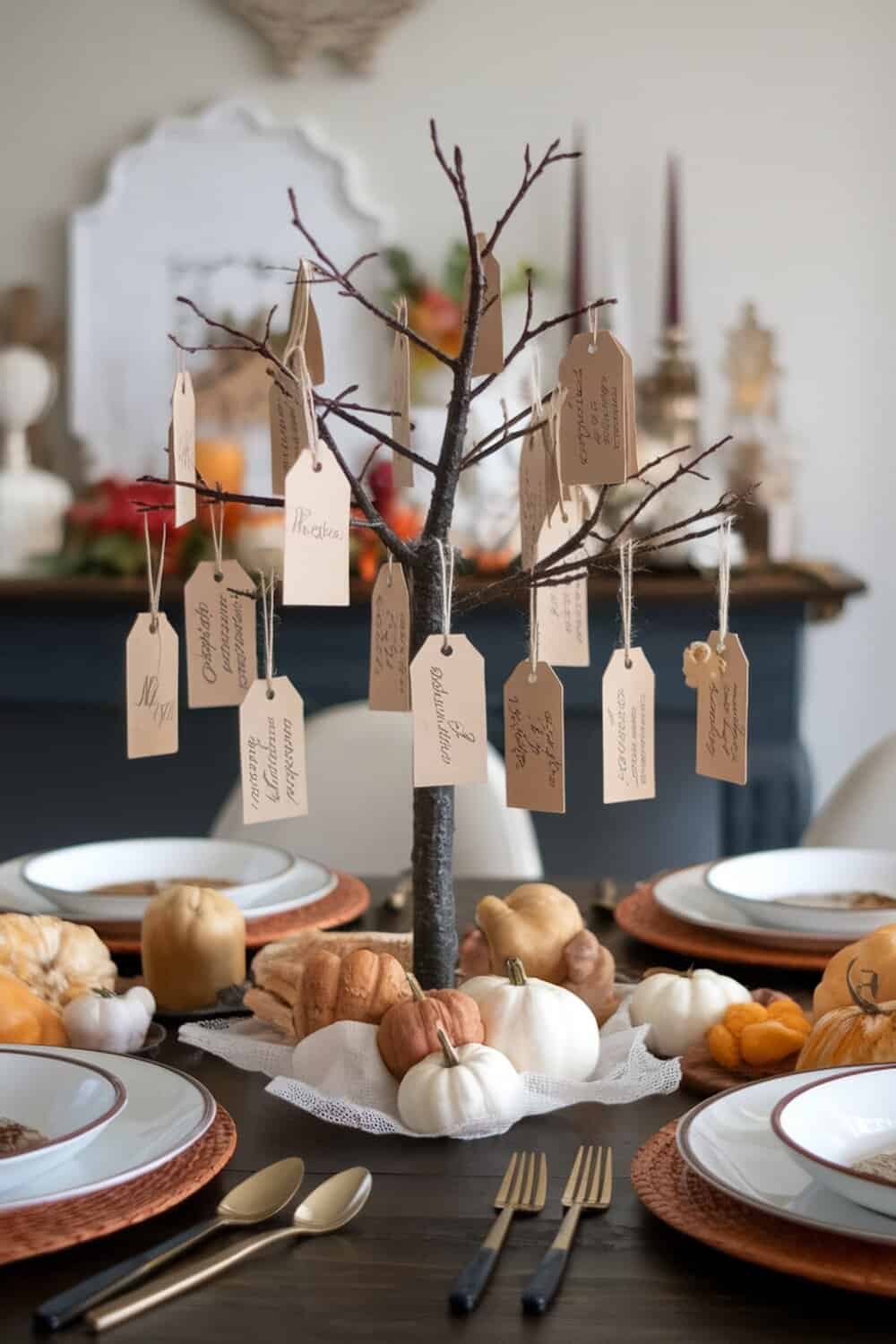 A gratitude tree display with tags hanging from branches, surrounded by pumpkins on a festive table.