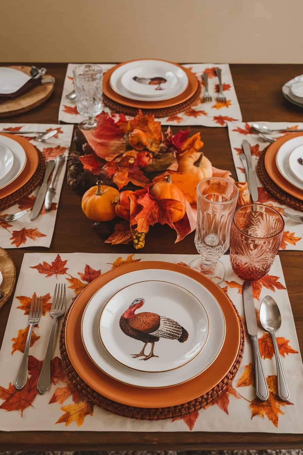 Thanksgiving table setting with decorative mats featuring autumn leaves and turkey designs.