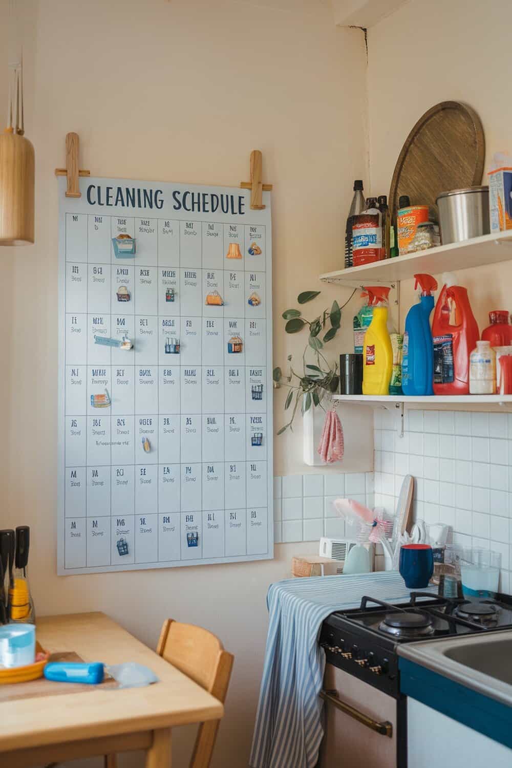 A cleaning schedule displayed on a wall in a kitchen, with various cleaning supplies visible on shelves.