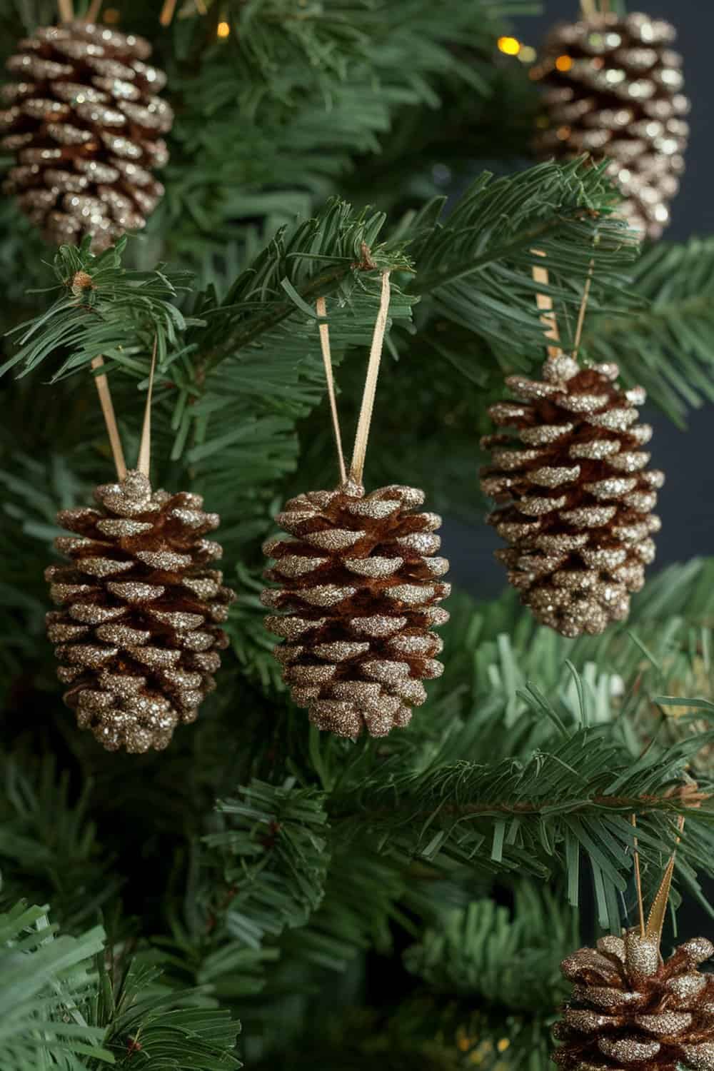 Glittery pinecone ornaments hanging on a Christmas tree.