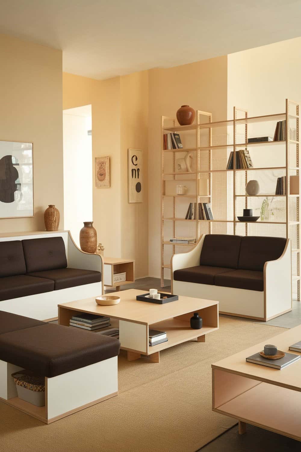 A cozy living room featuring multi-functional furniture including a coffee table and sofas.