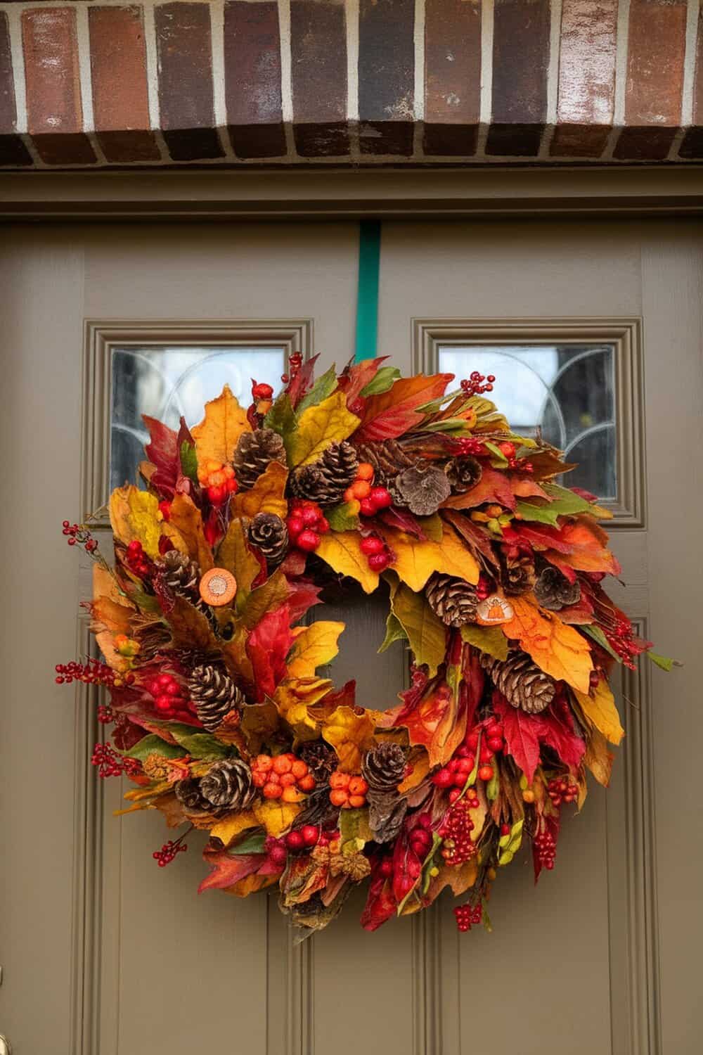 A vibrant harvest-themed wreath made with colorful leaves, pinecones, and berries, hanging on a door.