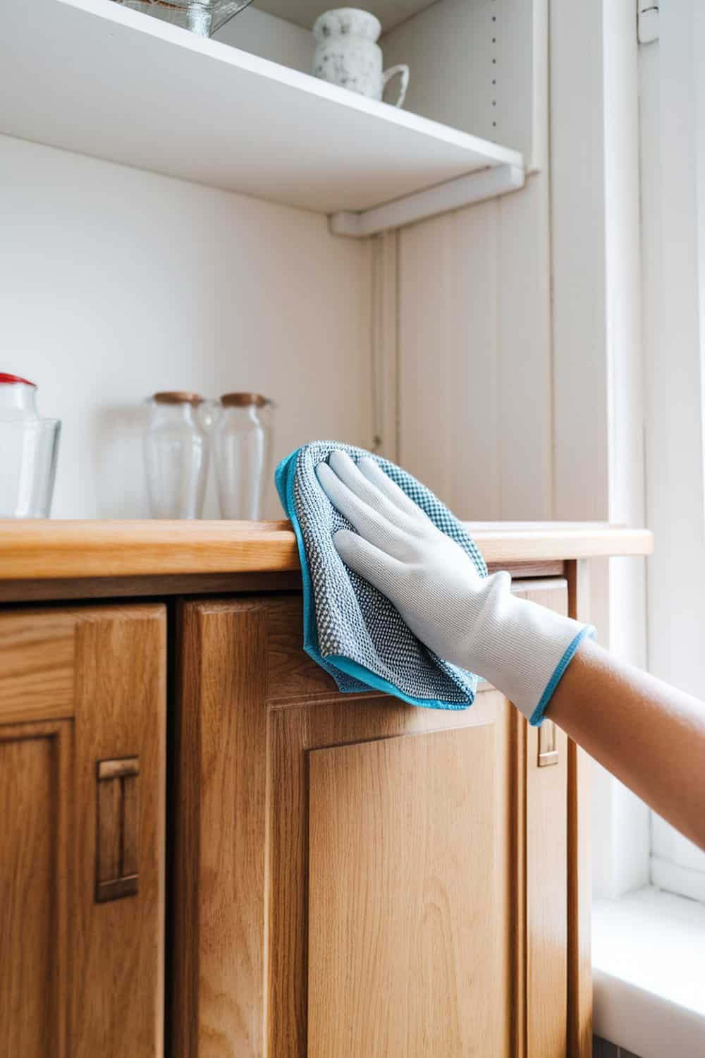 A person cleaning kitchen cupboards with a microfiber cloth