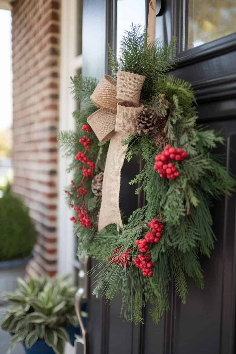 A beautiful Christmas wreath featuring natural elements like greens, pinecones, and red berries.