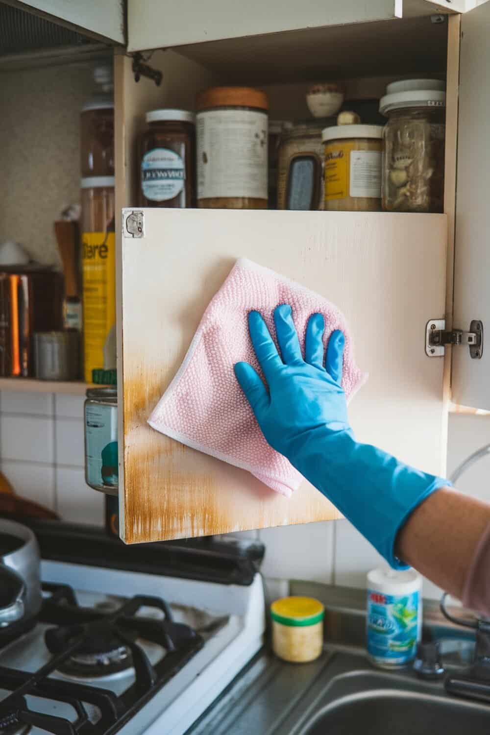A person cleaning kitchen cupboards with a pink cloth while wearing blue gloves.