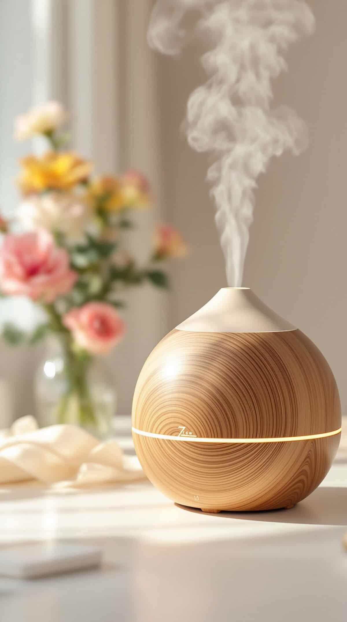 A wooden essential oil diffuser emitting steam with flowers in the background.