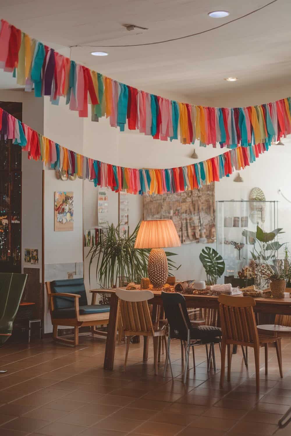 Colorful paper chain decorations hanging in a bright indoor setting.
