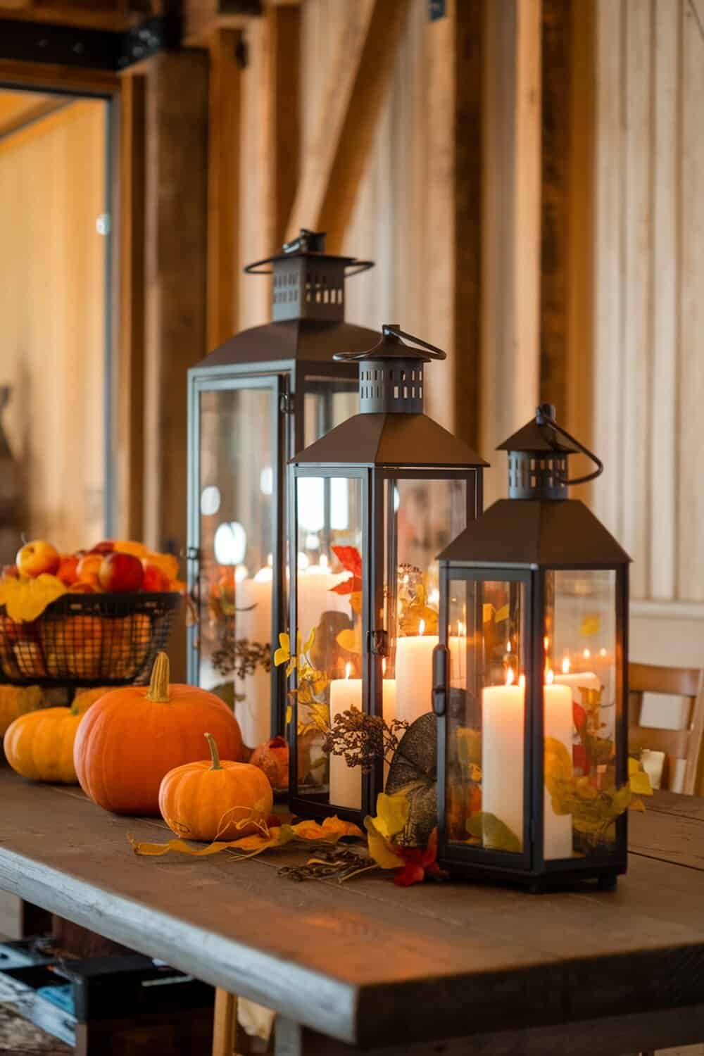 Thanksgiving-themed lanterns on a table with pumpkins and autumn leaves.