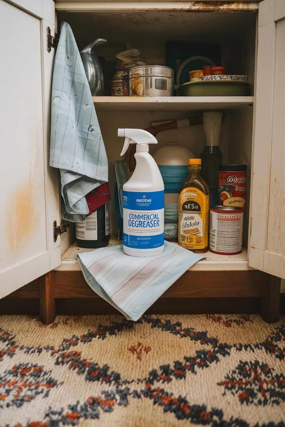 A bottle of commercial degreaser placed in a kitchen cupboard among other items.