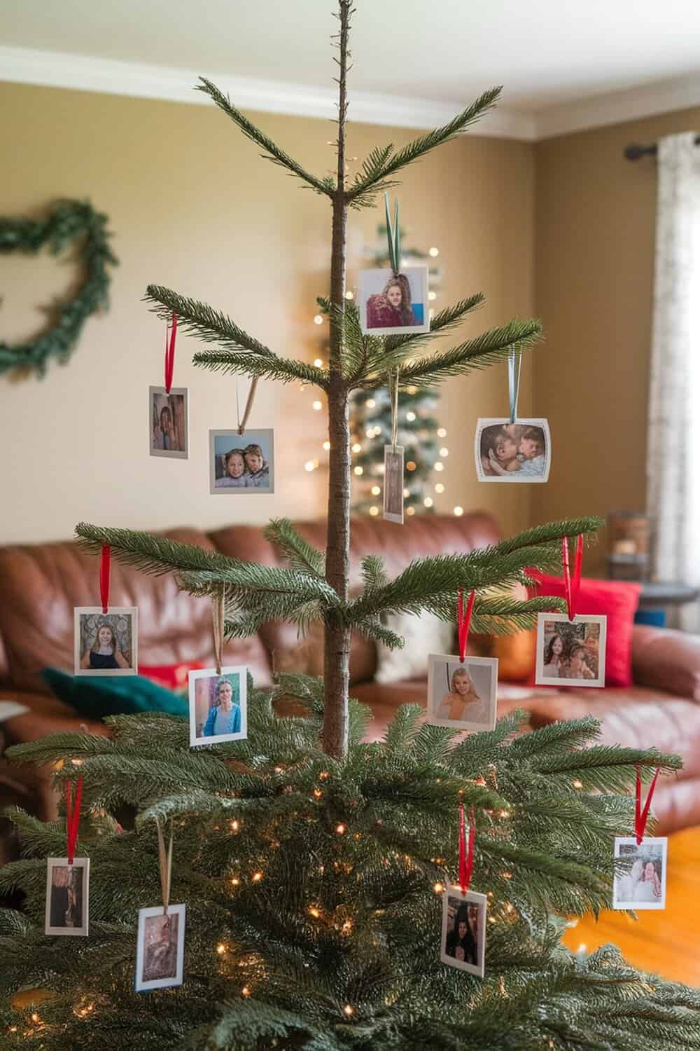 A Christmas tree decorated with personalized photo ornaments hanging from its branches.