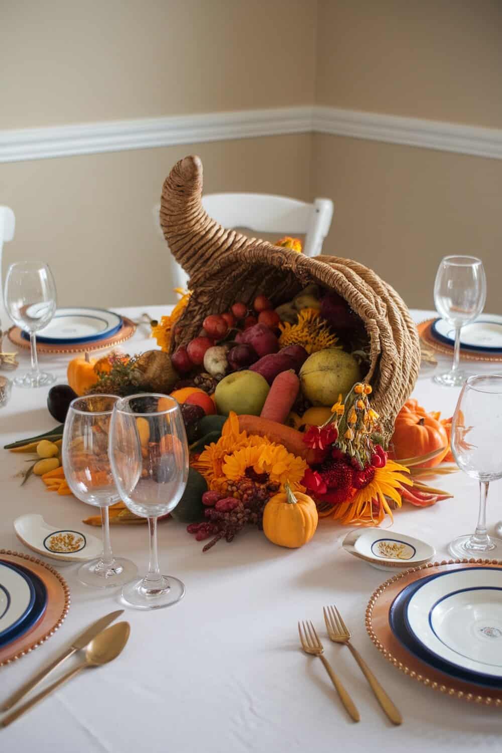 A beautifully arranged cornucopia centerpiece filled with fruits, vegetables, and flowers on a dining table.