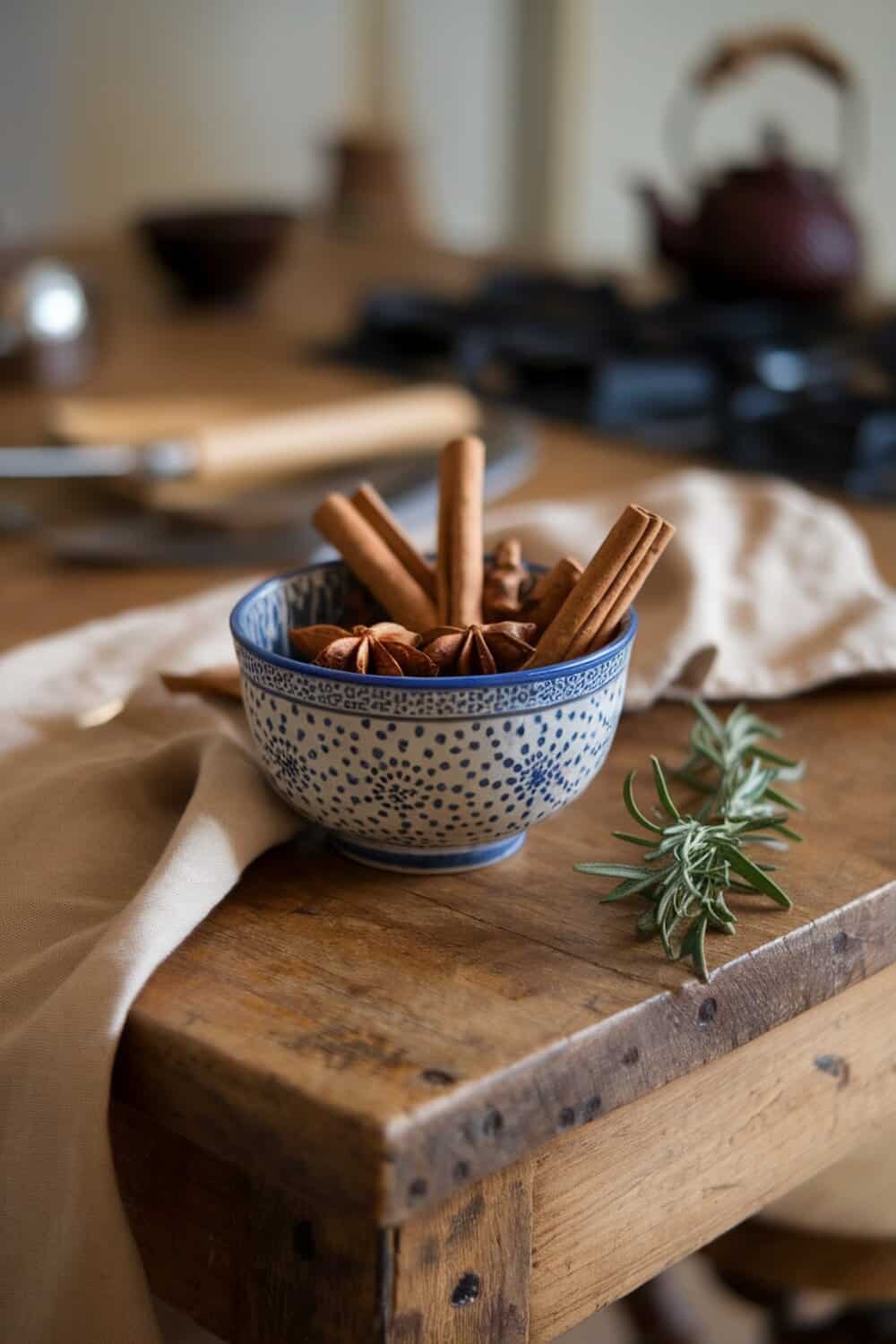 A bowl filled with cinnamon sticks and star anise on a wooden table.