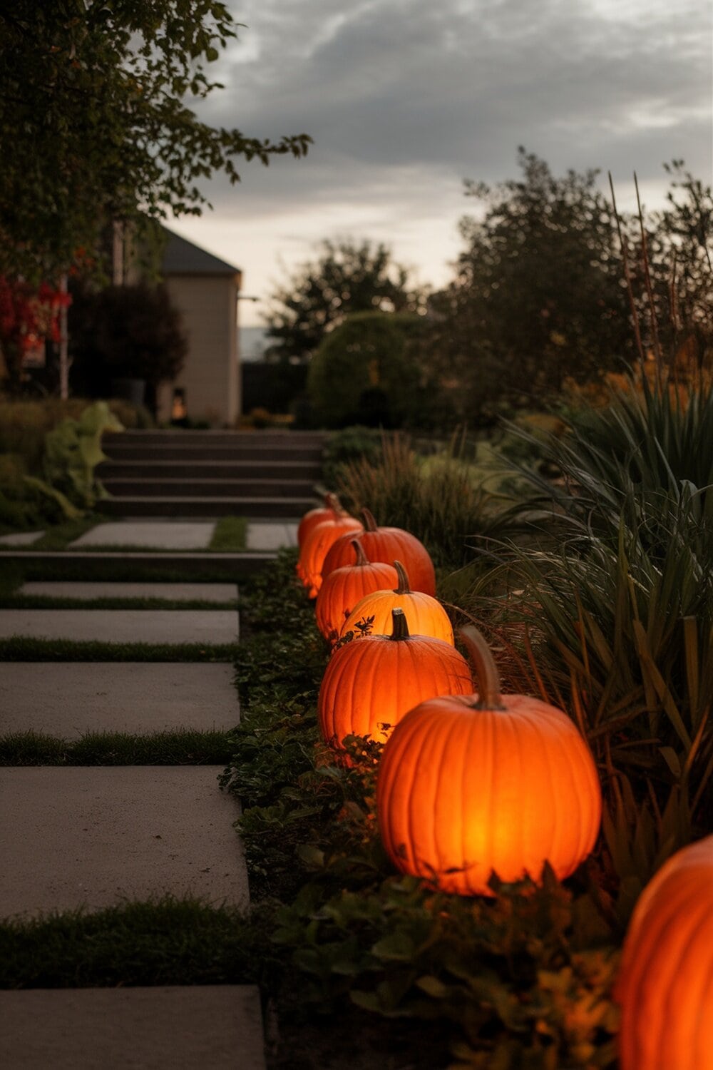 A row of glowing pumpkin lanterns along a garden path.