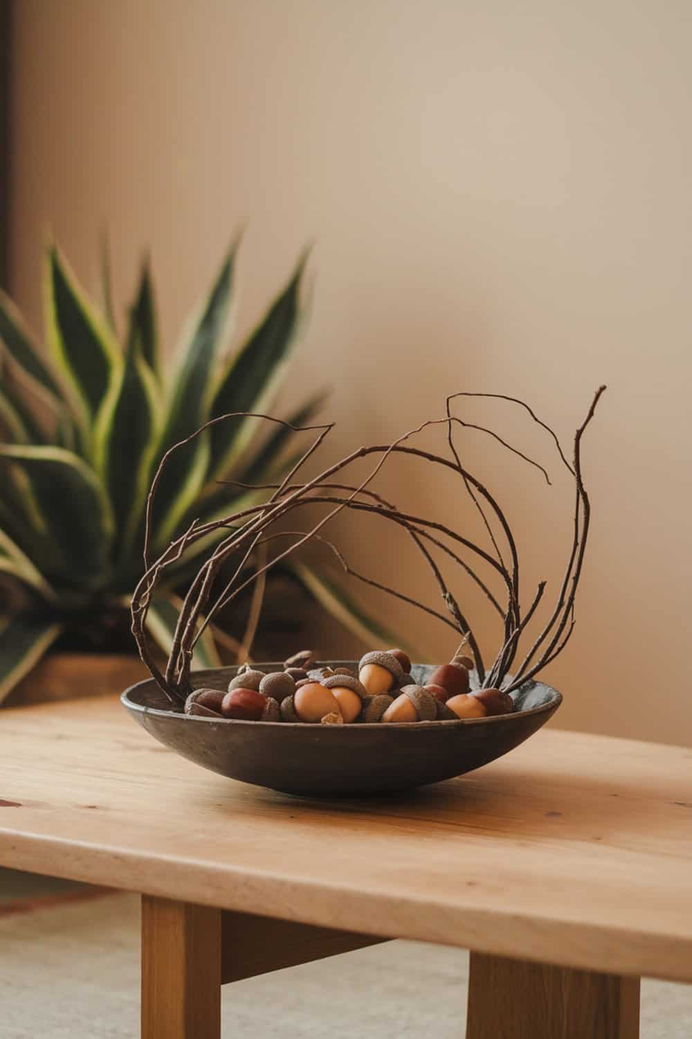 A decorative bowl filled with acorns and twigs on a wooden table.