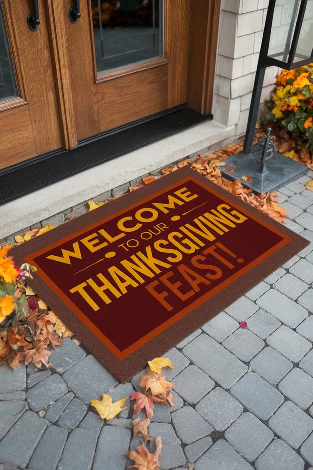 A welcome mat with a Thanksgiving theme placed at the entrance of a home, surrounded by autumn leaves.