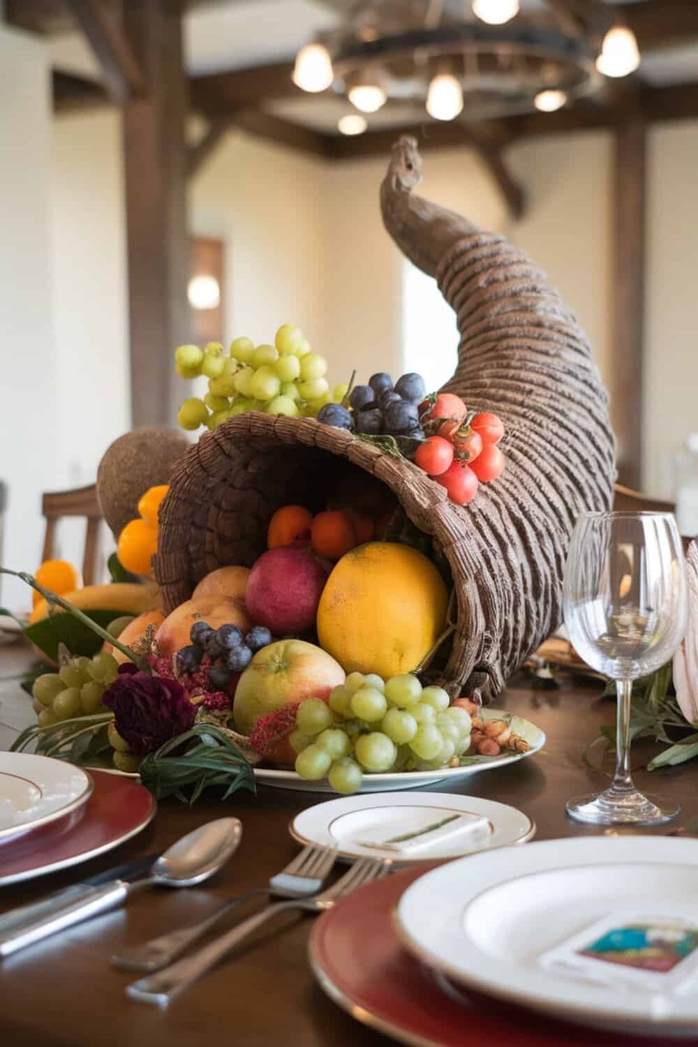 A beautifully arranged cornucopia filled with fruits and flowers on a dining table.