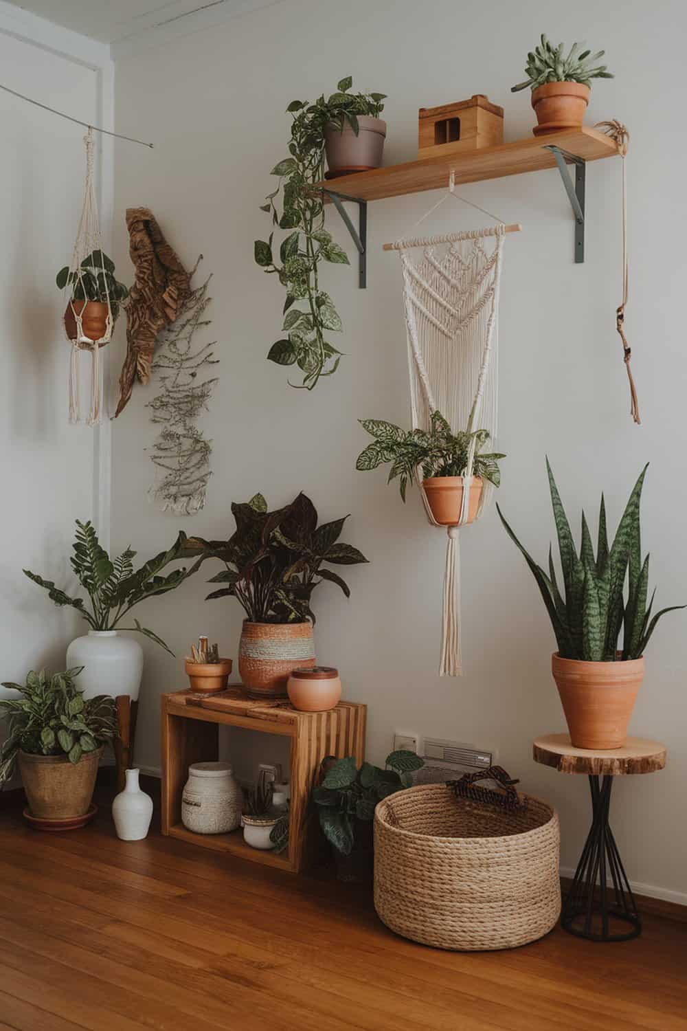 A cozy room with various potted plants and a wooden shelf.