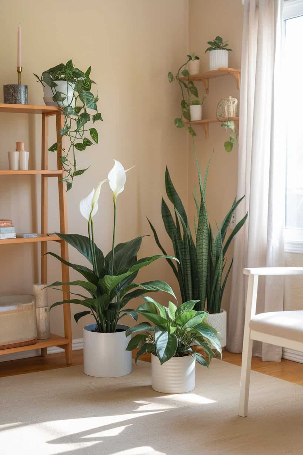 A cozy room with various air-purifying indoor plants, including snake plants and peace lilies, arranged near a window.