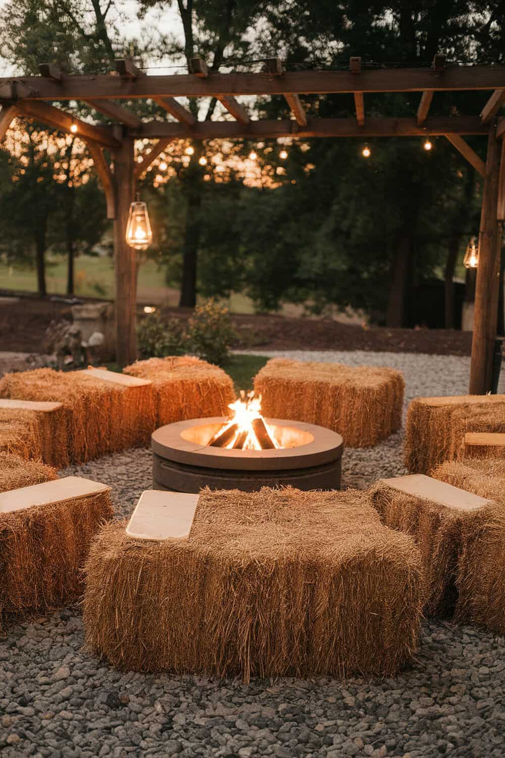 Outdoor seating area with hay bales around a fire pit