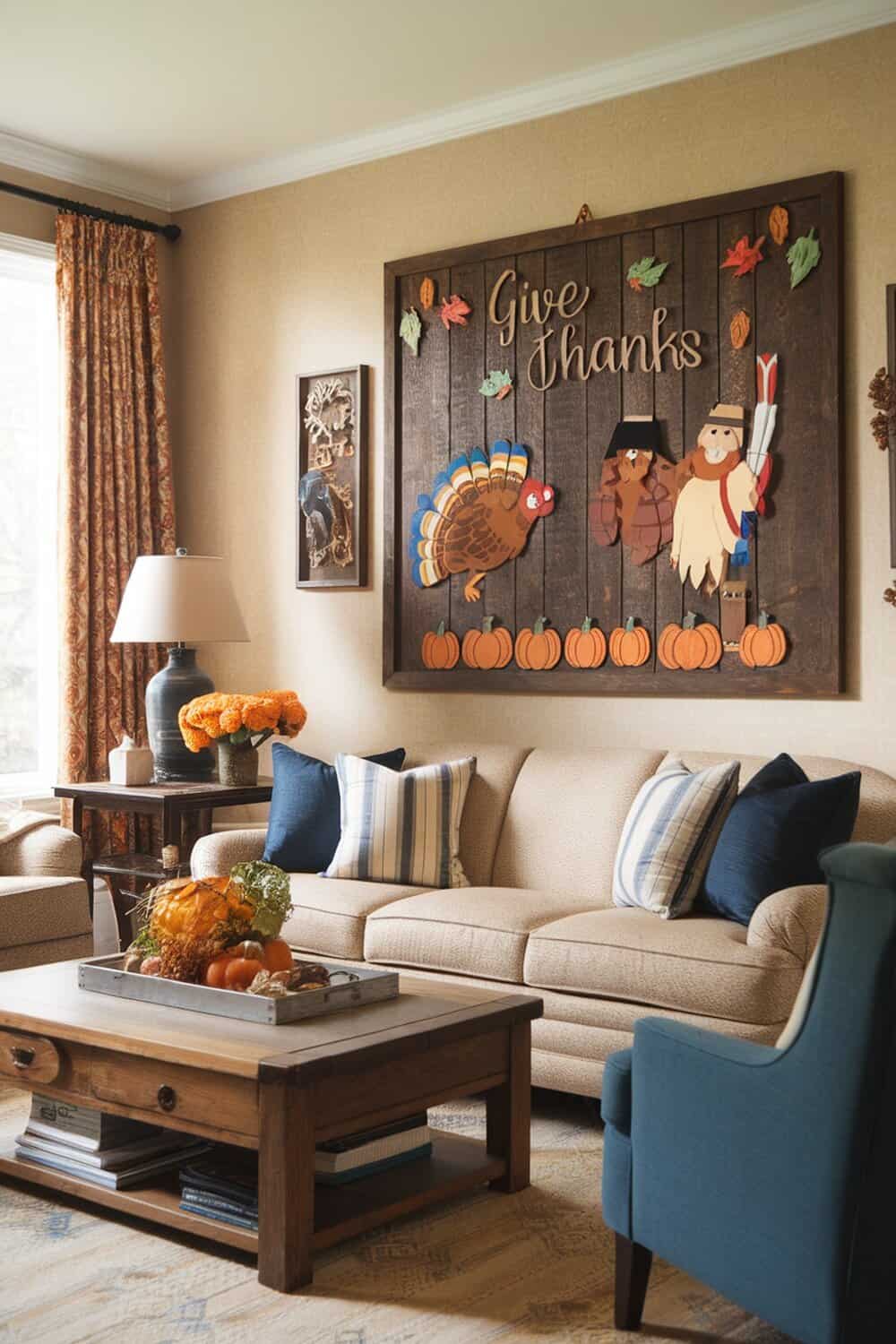 Thanksgiving themed wall art featuring turkeys and pumpkins with the phrase 'Give Thanks'.