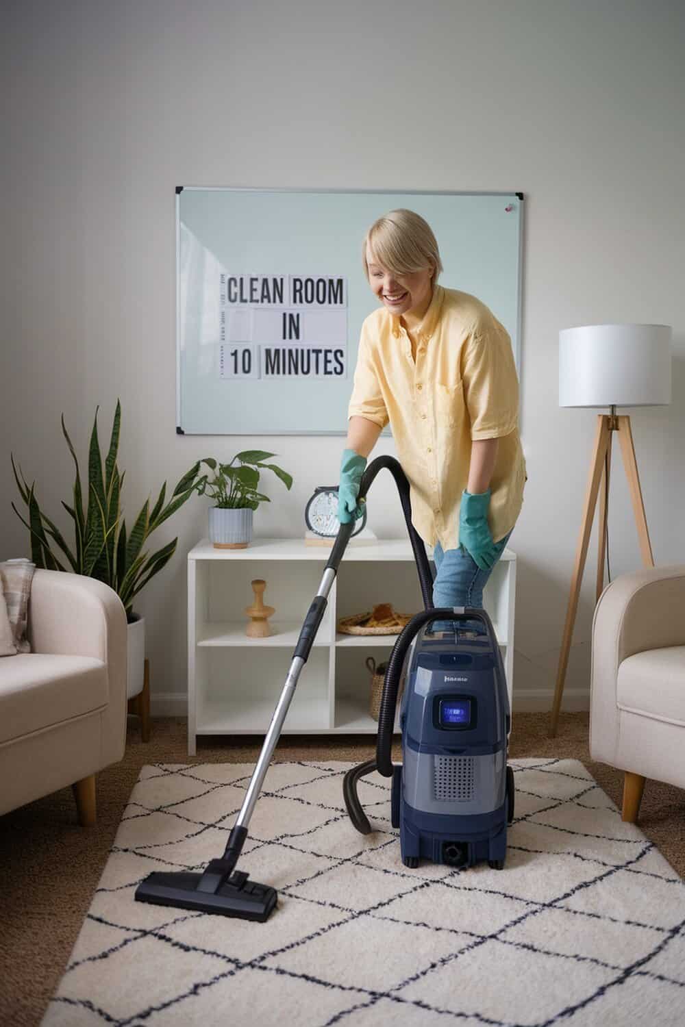 A person smiling while vacuuming their room, with a sign that says 'CLEAN ROOM IN 10 MINUTES' in the background.