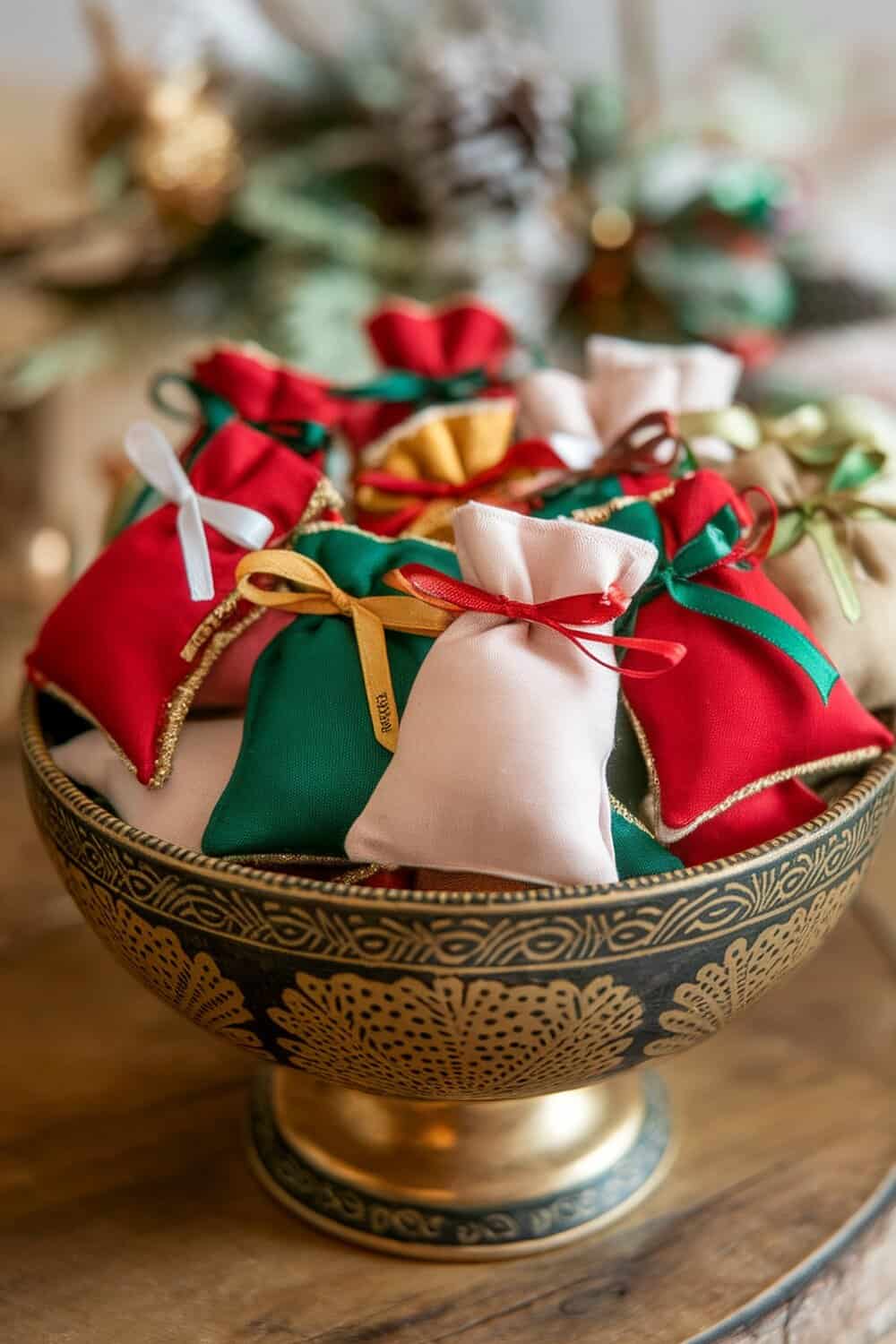 Colorful holiday scented sachets in a decorative bowl