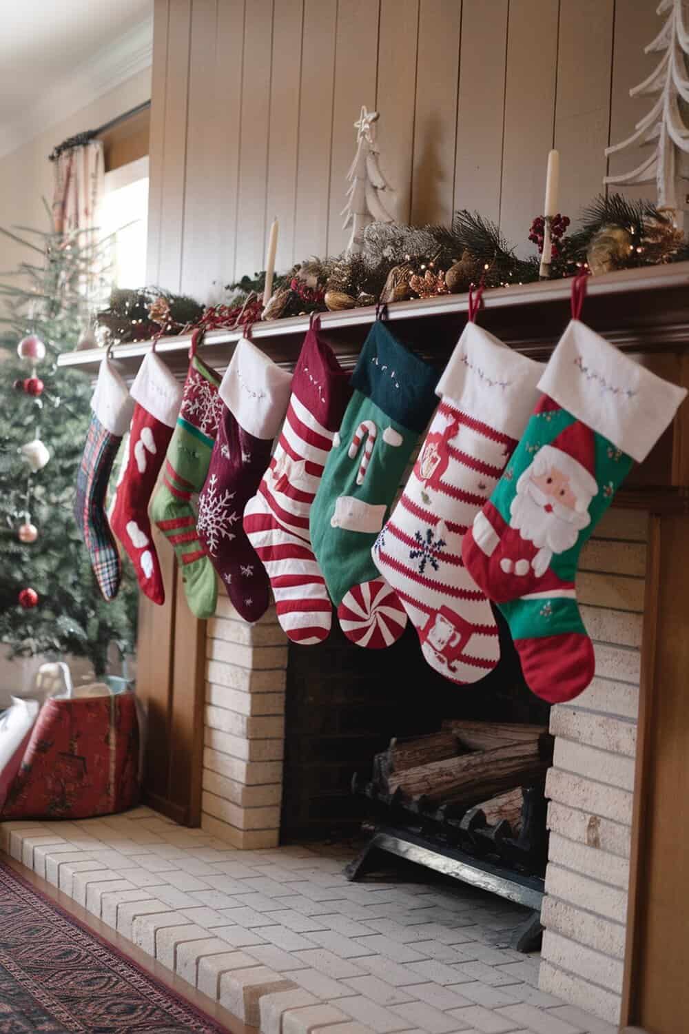 A row of colorful DIY Christmas stockings hanging on a fireplace mantel.