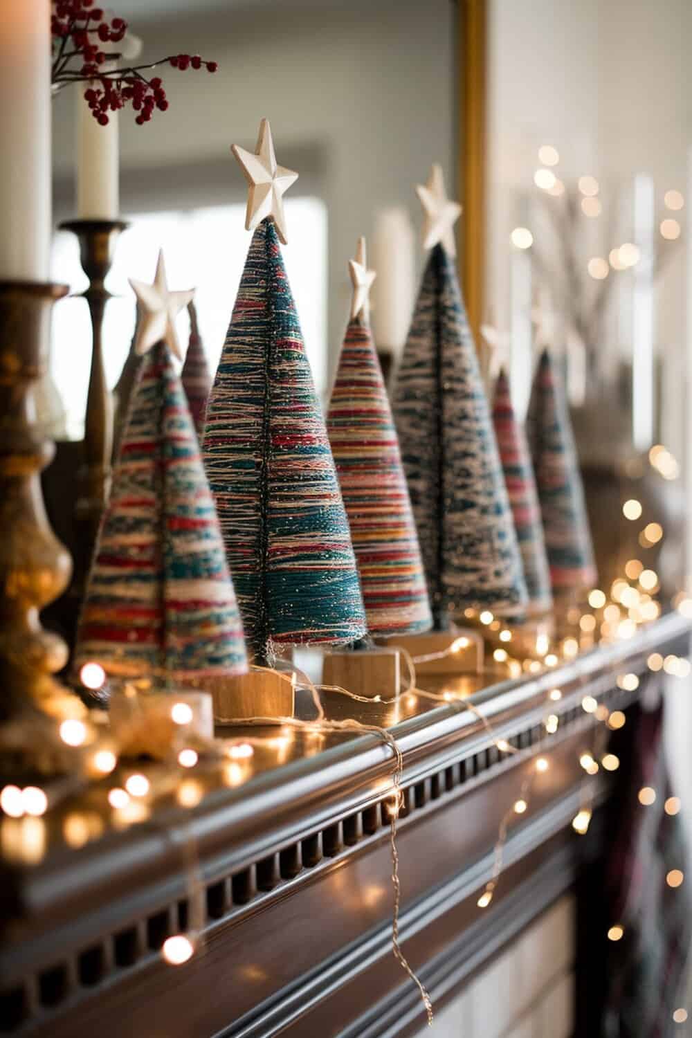 Colorful yarn-wrapped Christmas trees displayed on a mantel with fairy lights.