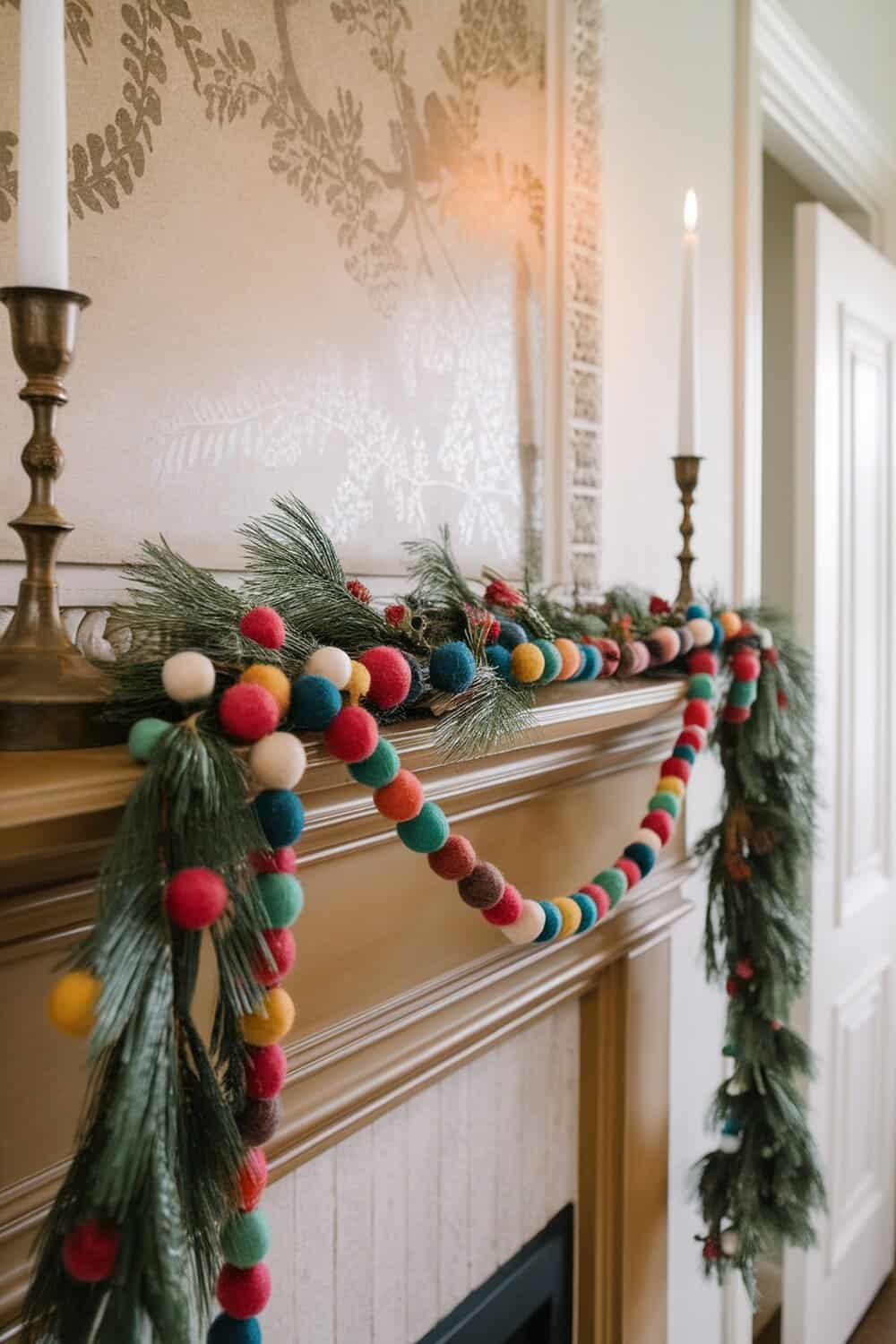 Colorful holiday garland made of felt balls and greenery, displayed on a mantel.