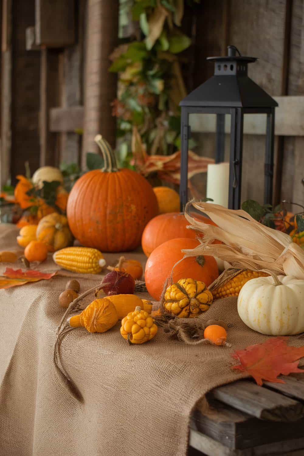 A rustic Thanksgiving table decorated with burlap, pumpkins, and autumn leaves.