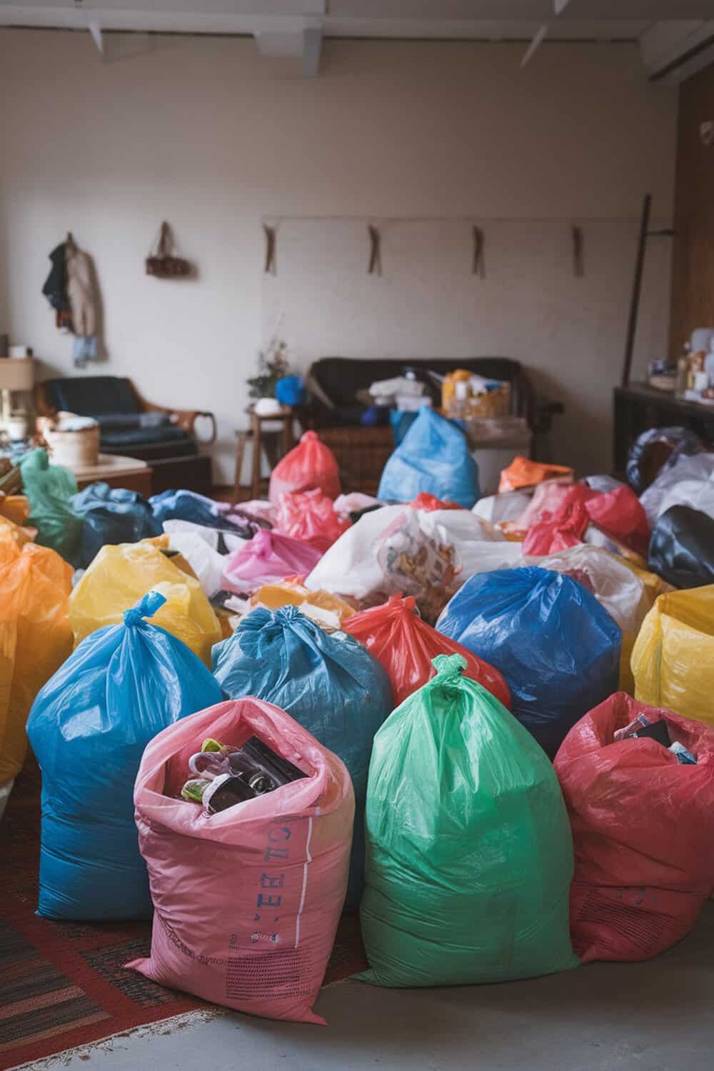 A variety of colorful trash bags filled with items in a room.