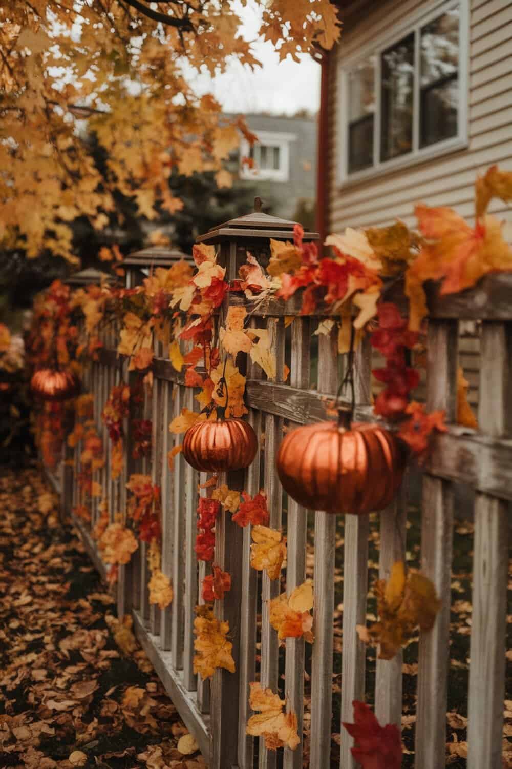 A garden fence adorned with colorful leaves and small pumpkins for Thanksgiving decoration.