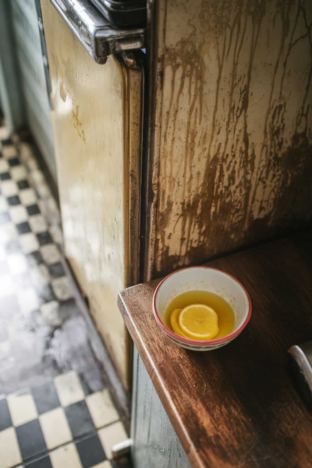 A bowl with lemon slices in olive oil placed on a wooden surface next to a greasy kitchen cupboard.