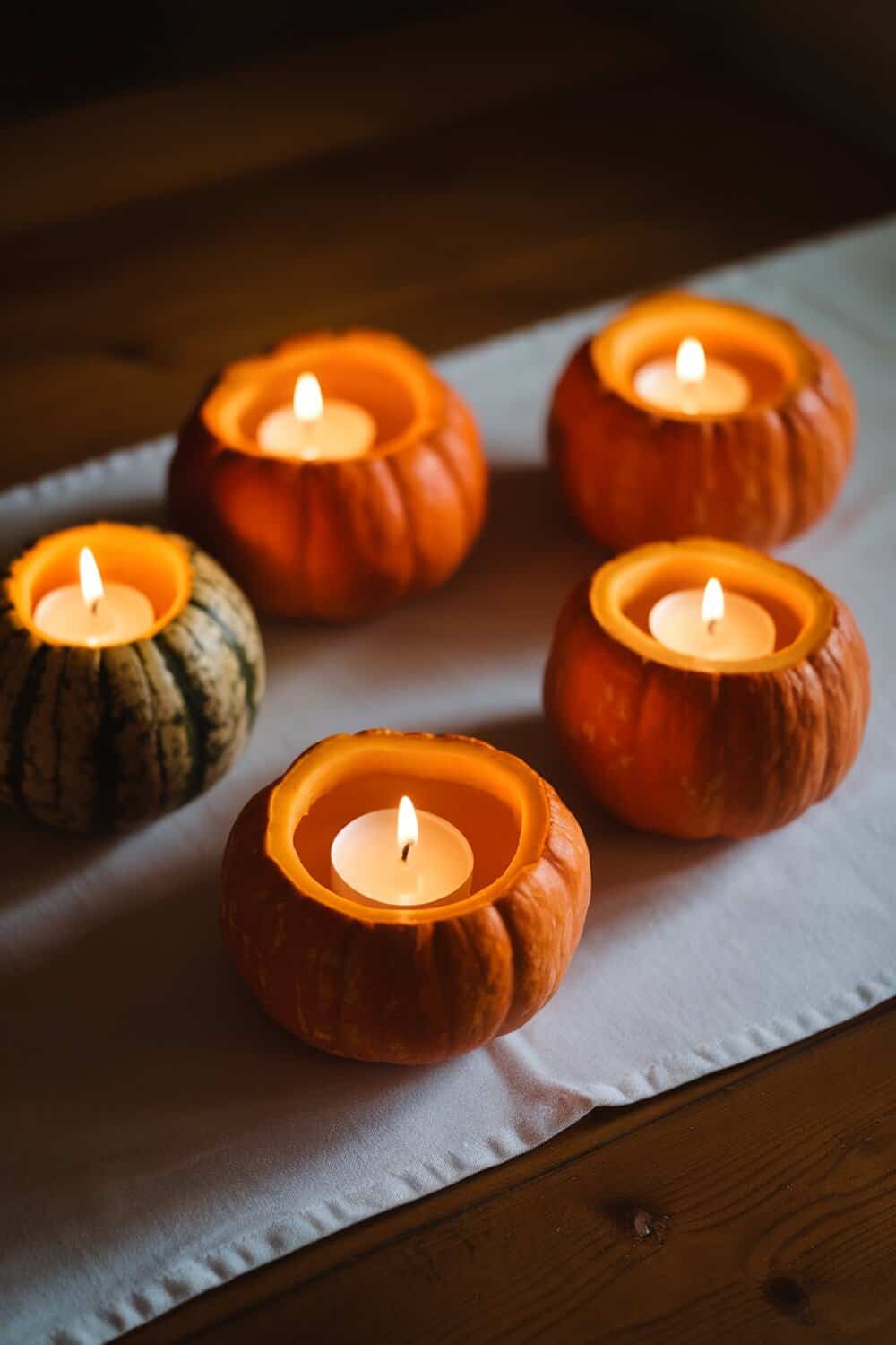 Fall candle holders made from carved pumpkins with tealight candles inside.