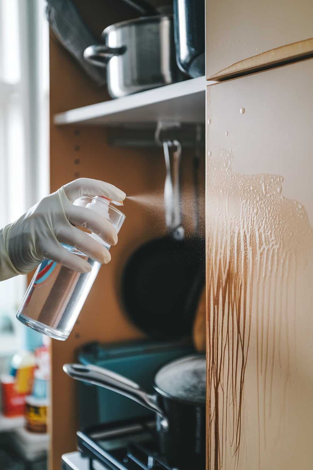 A person spraying soda water on kitchen cupboards to clean grease.