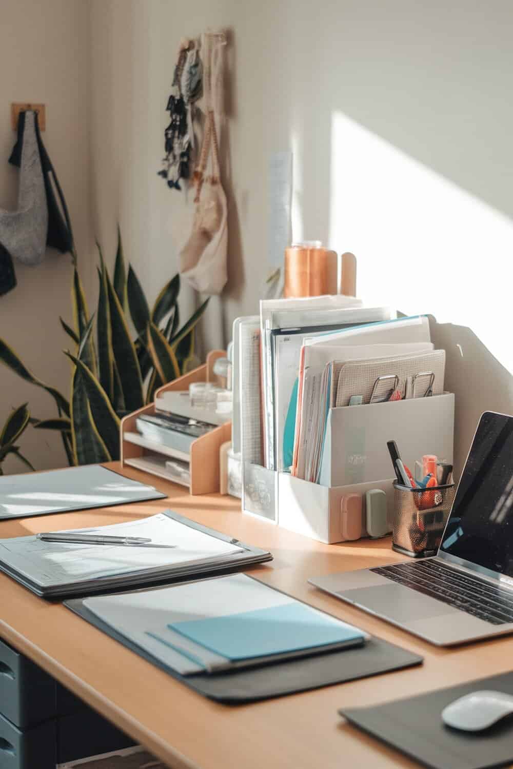 A well-organized home office with a clean desk, plants, and neatly arranged stationery.