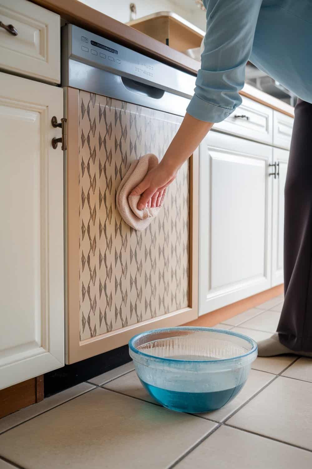 A person cleaning kitchen cupboards with a cloth and a bowl of blue liquid