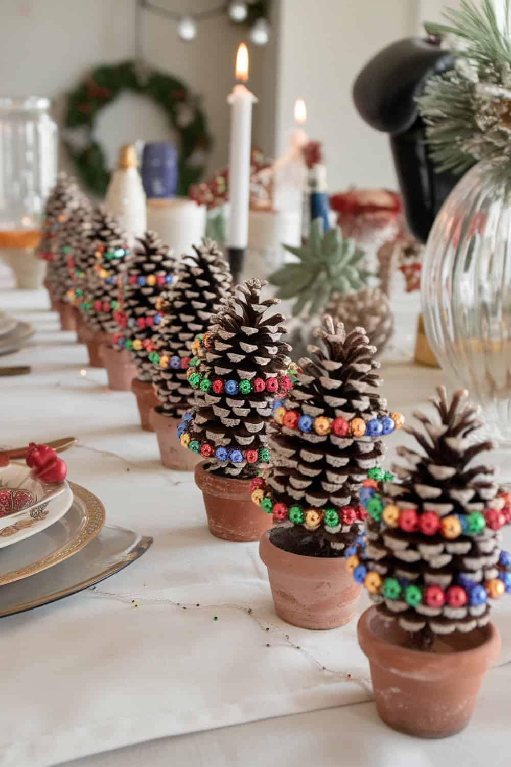 A row of decorated pinecone Christmas trees in small pots, showcasing colorful beads.