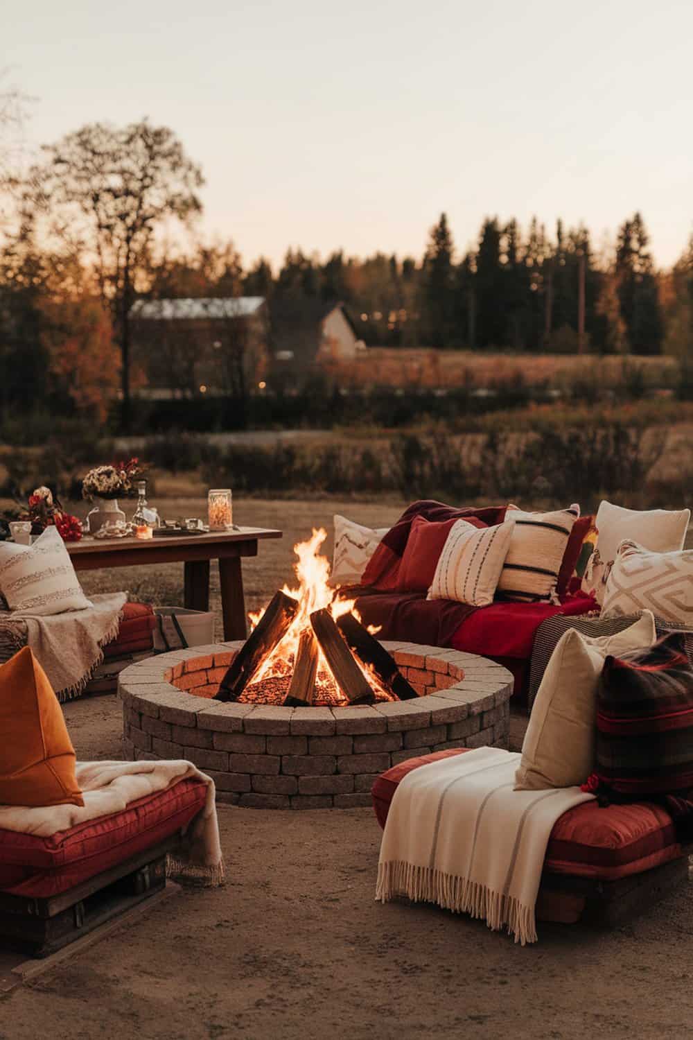 Cozy outdoor fire pit with seating and warm decorations.