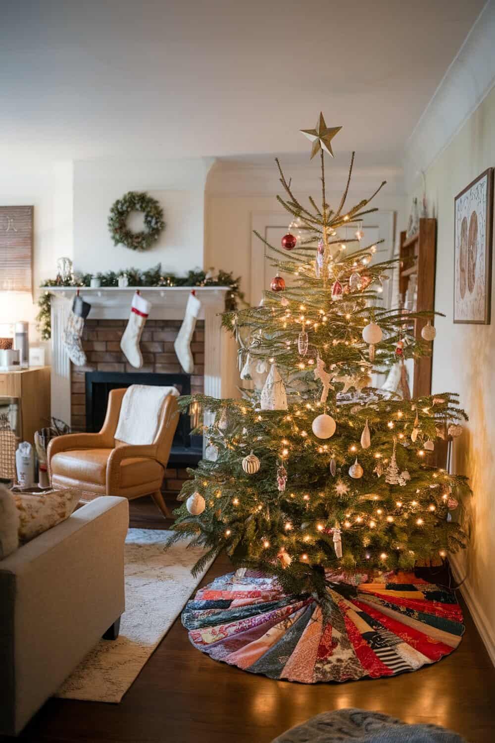 A colorful Christmas tree skirt made from various fabric scraps, placed under a beautifully decorated Christmas tree.