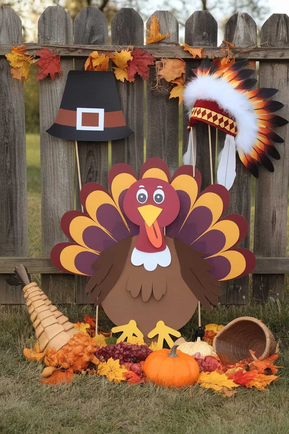 A colorful Thanksgiving photo booth setup featuring a turkey cutout, a cornucopia, pumpkins, and autumn leaves.